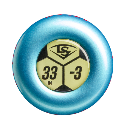 A shiny blue circular knob sticker with a gold center features the Louisville Slugger logo and "33 IN -3" in black, ideal for your 2026 Louisville Slugger Atlas (-3) BBCOR Baseball Bat: WBL4116010.