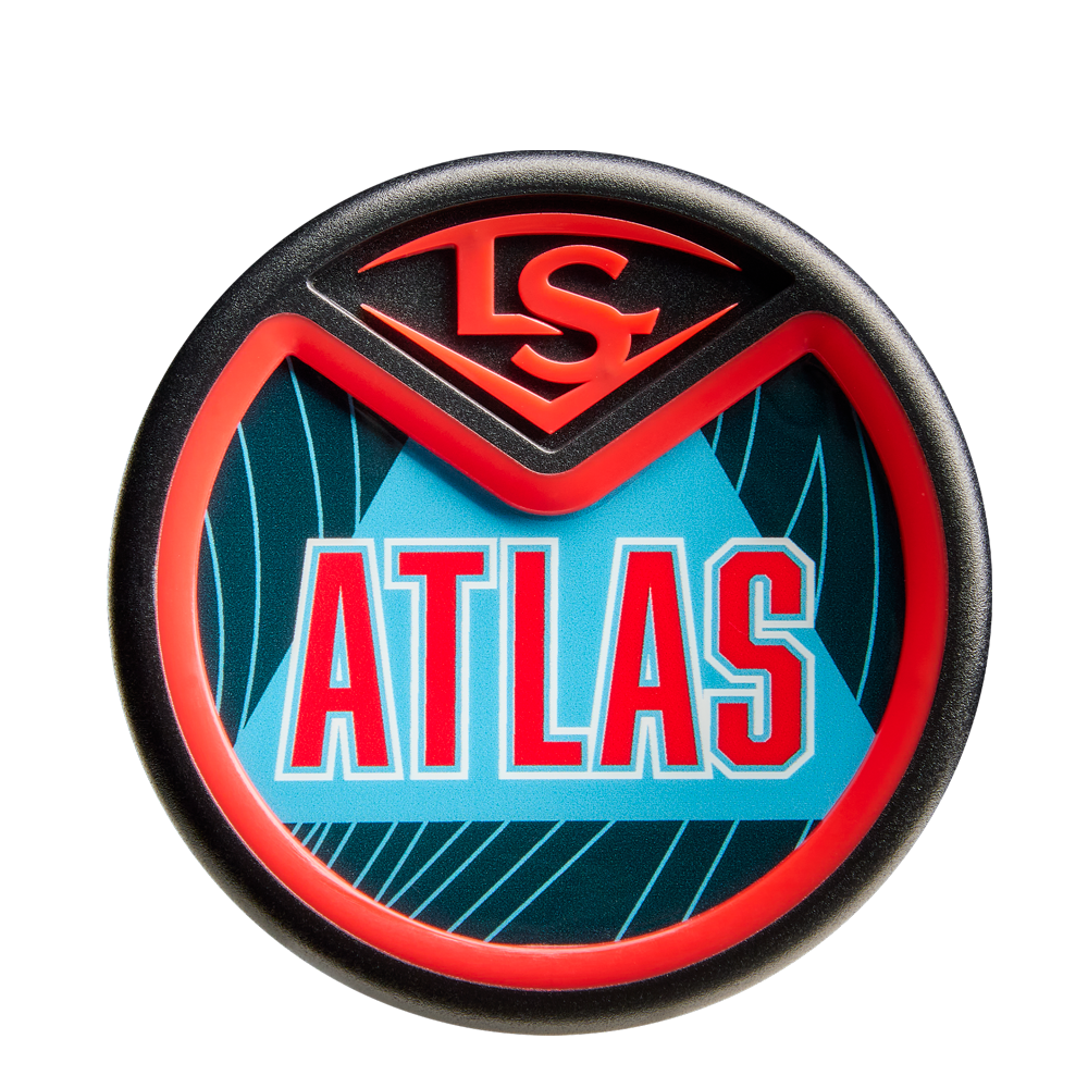 Round badge with bold red outline, "LS" at the top, "ATLAS" in large red letters—evoking the 2026 Louisville Slugger Atlas (-3) BBCOR Baseball Bat (WBL4116010)—over a blue geometric background with subtle leaf patterns.
