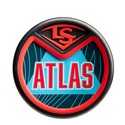 Round badge with bold red outline, "LS" at the top, "ATLAS" in large red letters—evoking the 2026 Louisville Slugger Atlas (-3) BBCOR Baseball Bat (WBL4116010)—over a blue geometric background with subtle leaf patterns.