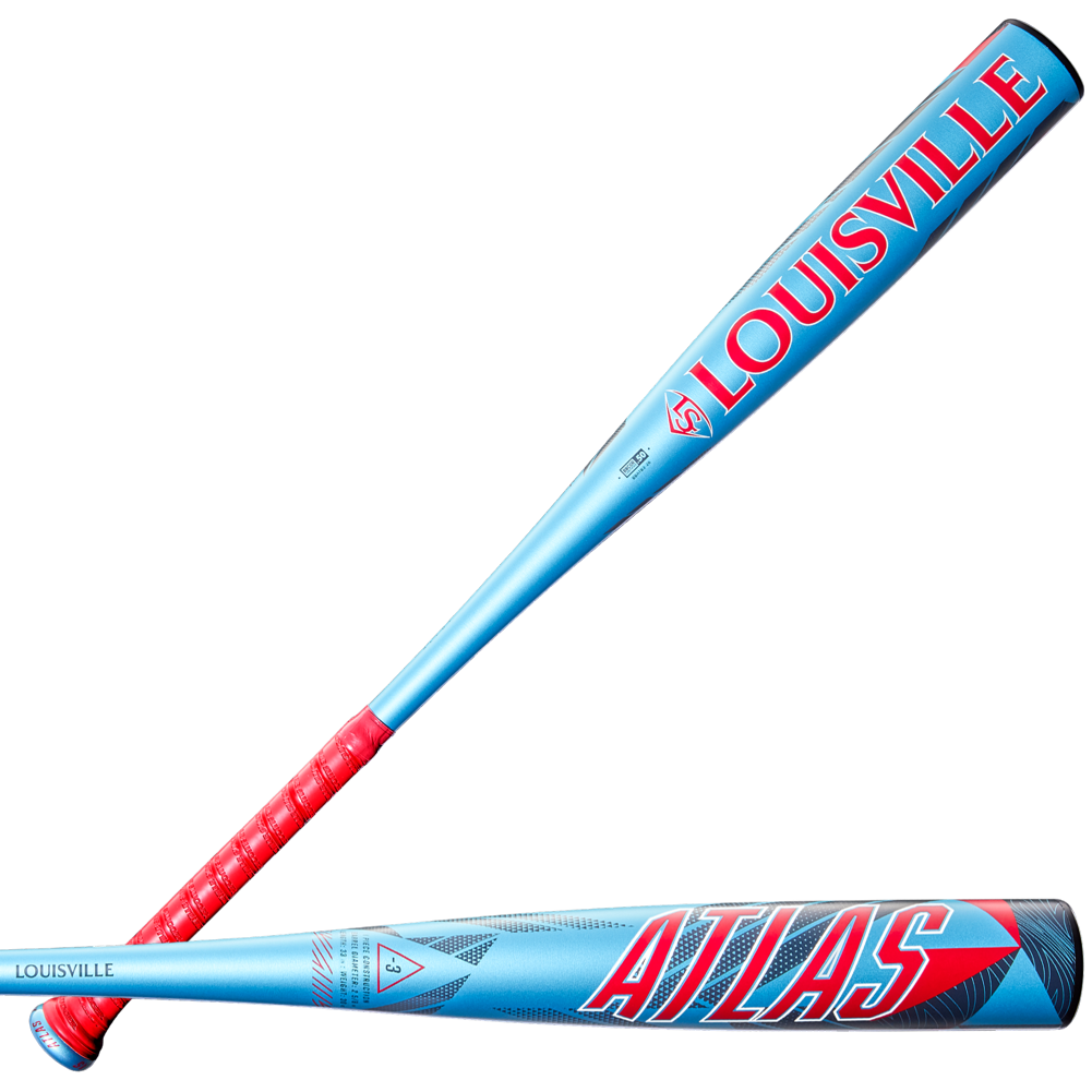 Two blue one-piece alloy Louisville Slugger Atlas (-3) BBCOR Baseball Bats (WBL4116010), featuring red handles and accents, are displayed against a white background. One bat has "ATLAS" in bold red and blue letters.