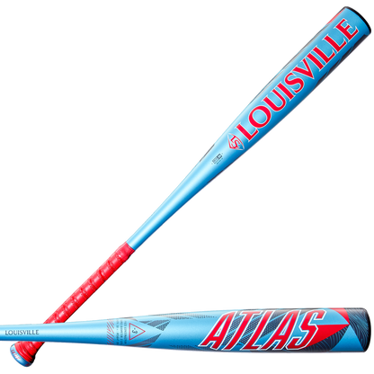 Two blue one-piece alloy Louisville Slugger Atlas (-3) BBCOR Baseball Bats (WBL4116010), featuring red handles and accents, are displayed against a white background. One bat has "ATLAS" in bold red and blue letters.