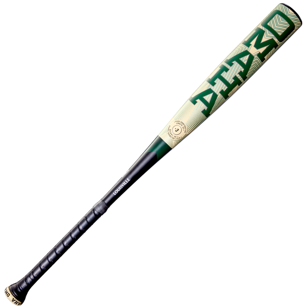 The 2026 Louisville Slugger Omaha (-3) BBCOR Baseball Bat (WBL4117010) features a metallic one-piece alloy design, green and gold geometric pattern, black grip handle, and "Louisville" printed near the handle.