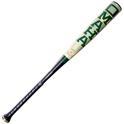 The 2026 Louisville Slugger Omaha (-3) BBCOR Baseball Bat (WBL4117010) features a metallic one-piece alloy design, green and gold geometric pattern, black grip handle, and "Louisville" printed near the handle.