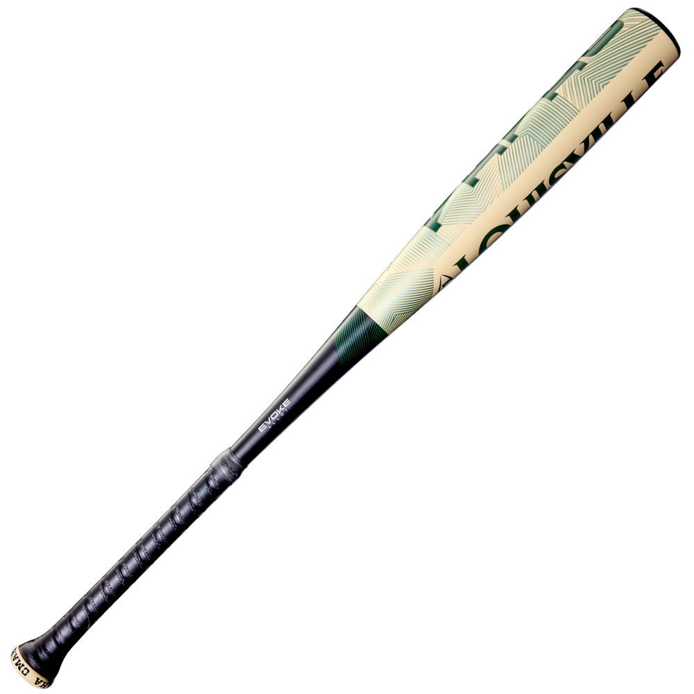 The 2026 Louisville Slugger Omaha (-3) BBCOR Baseball Bat (WBL4117010) features a beige and green design, "LOUISVILLE" lettering, a black grip-taped handle with a tapered knob, and is crafted from sturdy one-piece alloy.