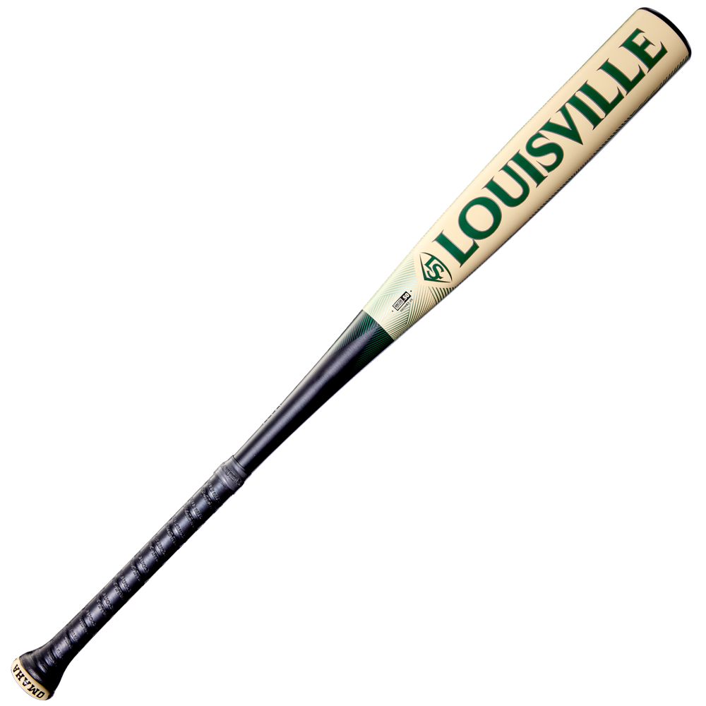 The 2026 Louisville Slugger Omaha (-3) BBCOR Baseball Bat (WBL4117010) features a one-piece alloy design with a black handle, light barrel, and green Louisville branding, shown on a white background.