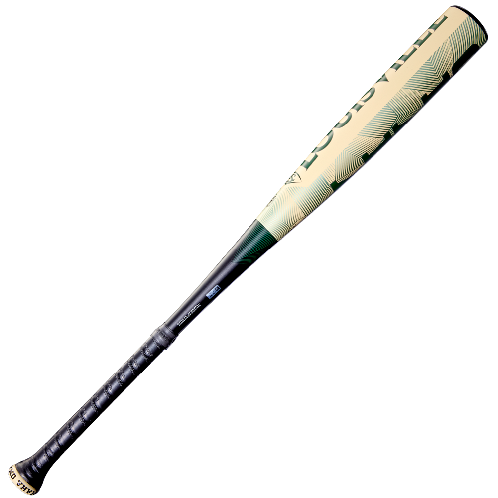 The 2026 Louisville Slugger Omaha (-3) BBCOR Baseball Bat (WBL4117010) features a beige and dark green one-piece alloy design with a black grip—sleek, modern, and perfect for BBCOR baseball fans.