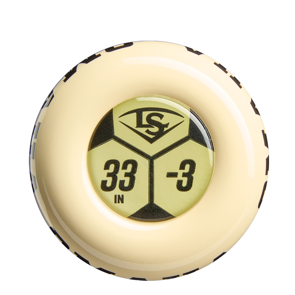 A beige and black bat knob with a gold Louisville Slugger logo sticker showing 33 IN and -3, designed for the 2026 Louisville Slugger Omaha (-3) BBCOR Baseball Bat: WBL4117010.