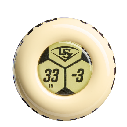 A beige and black bat knob with a gold Louisville Slugger logo sticker showing 33 IN and -3, designed for the 2026 Louisville Slugger Omaha (-3) BBCOR Baseball Bat: WBL4117010.