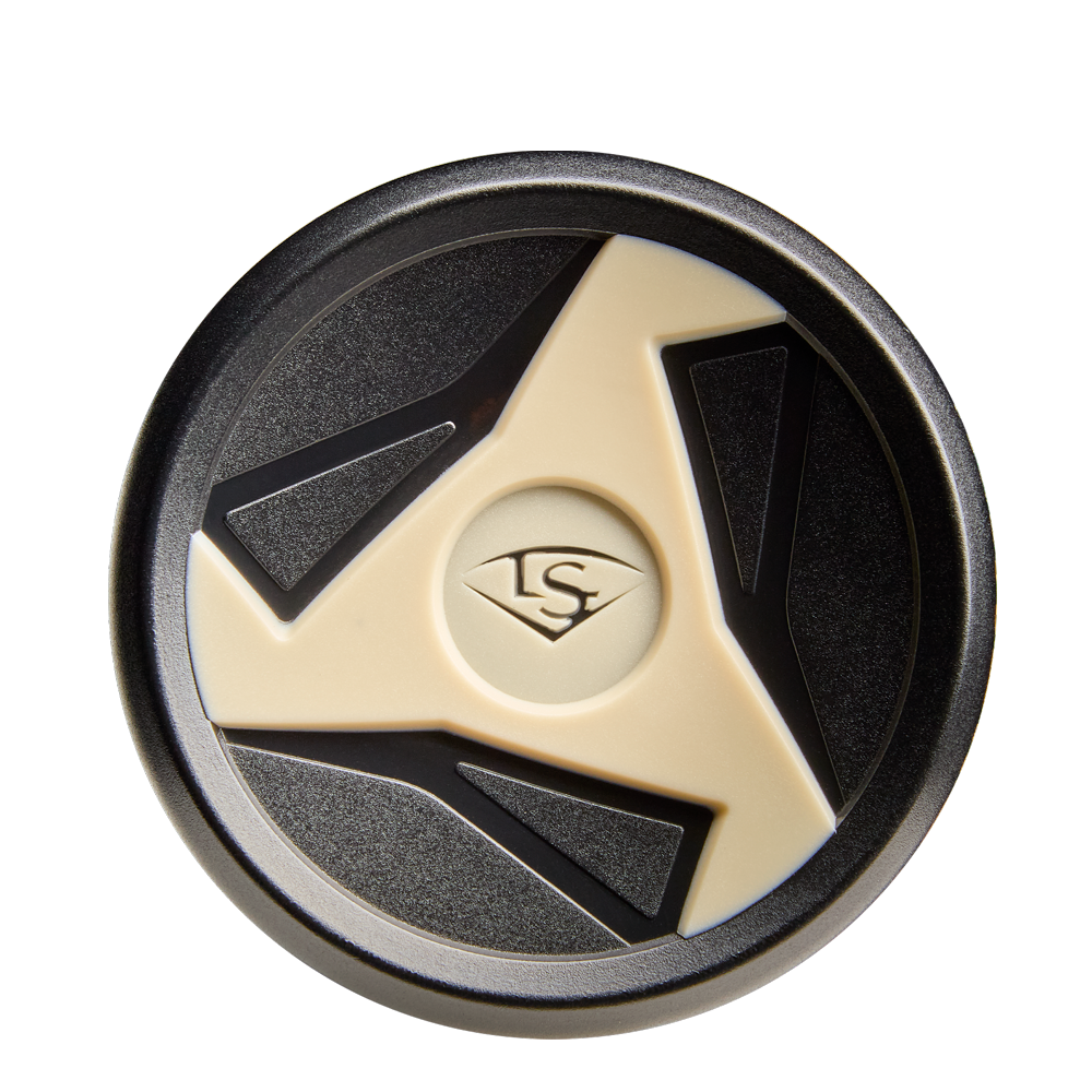 A round black and beige object with a three-pronged design and an LS logo in the center, shown from above on white—resembling the knob of the 2026 Louisville Slugger Omaha (-3) BBCOR Baseball Bat (WBL4117010) by Louisville Slugger.
