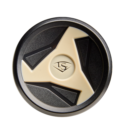 A round black and beige object with a three-pronged design and an LS logo in the center, shown from above on white—resembling the knob of the 2026 Louisville Slugger Omaha (-3) BBCOR Baseball Bat (WBL4117010) by Louisville Slugger.