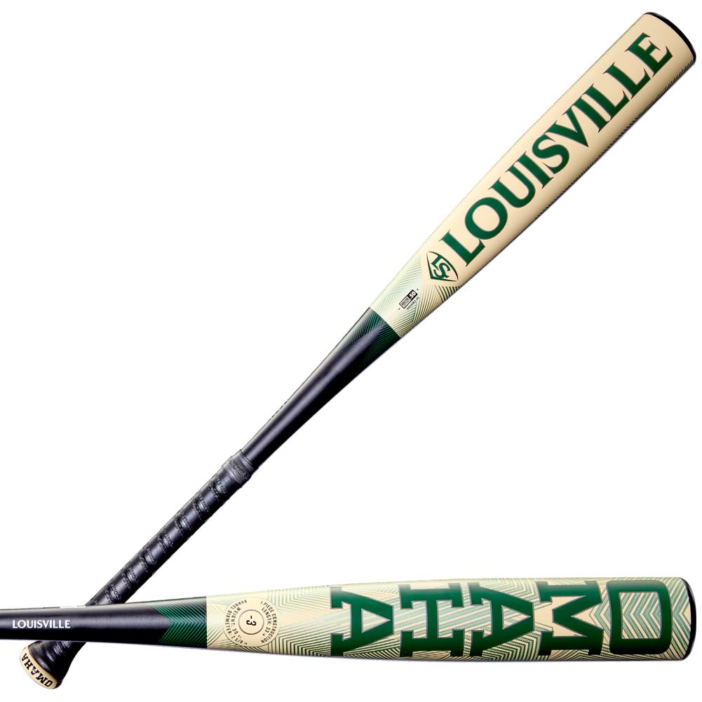 Two views of the 2026 Louisville Slugger Omaha (-3) BBCOR Baseball Bat (WBL4117010); one side view highlights its one-piece alloy design, while the other displays the bat from an angled, top-down perspective.