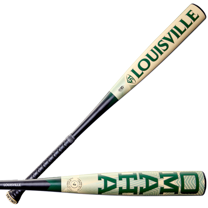 Two views of the 2026 Louisville Slugger Omaha (-3) BBCOR Baseball Bat (WBL4117010); one side view highlights its one-piece alloy design, while the other displays the bat from an angled, top-down perspective.