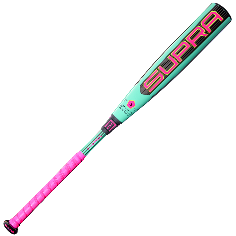 The 2026 Louisville Slugger Supra (-10) USSSA Baseball Bat (WBL4118010) features a teal and black design, bold pink SUPRA lettering, a bright pink grip, and a durable composite barrel—perfect for travel ball players.
