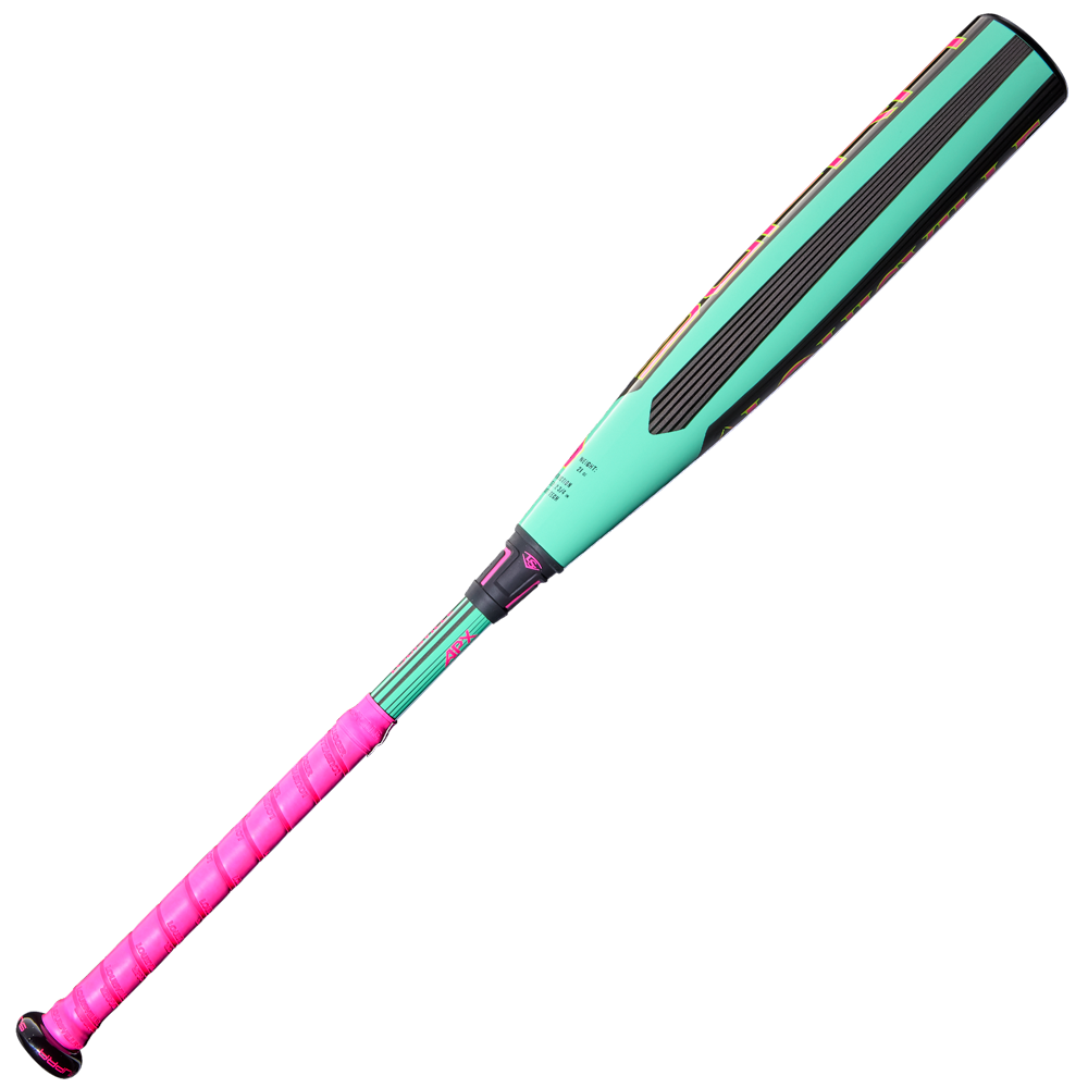 The 2026 Louisville Slugger Supra (-10) USSSA Baseball Bat features a turquoise and black design with a bright pink grip and modern accents along its composite barrel and handle.