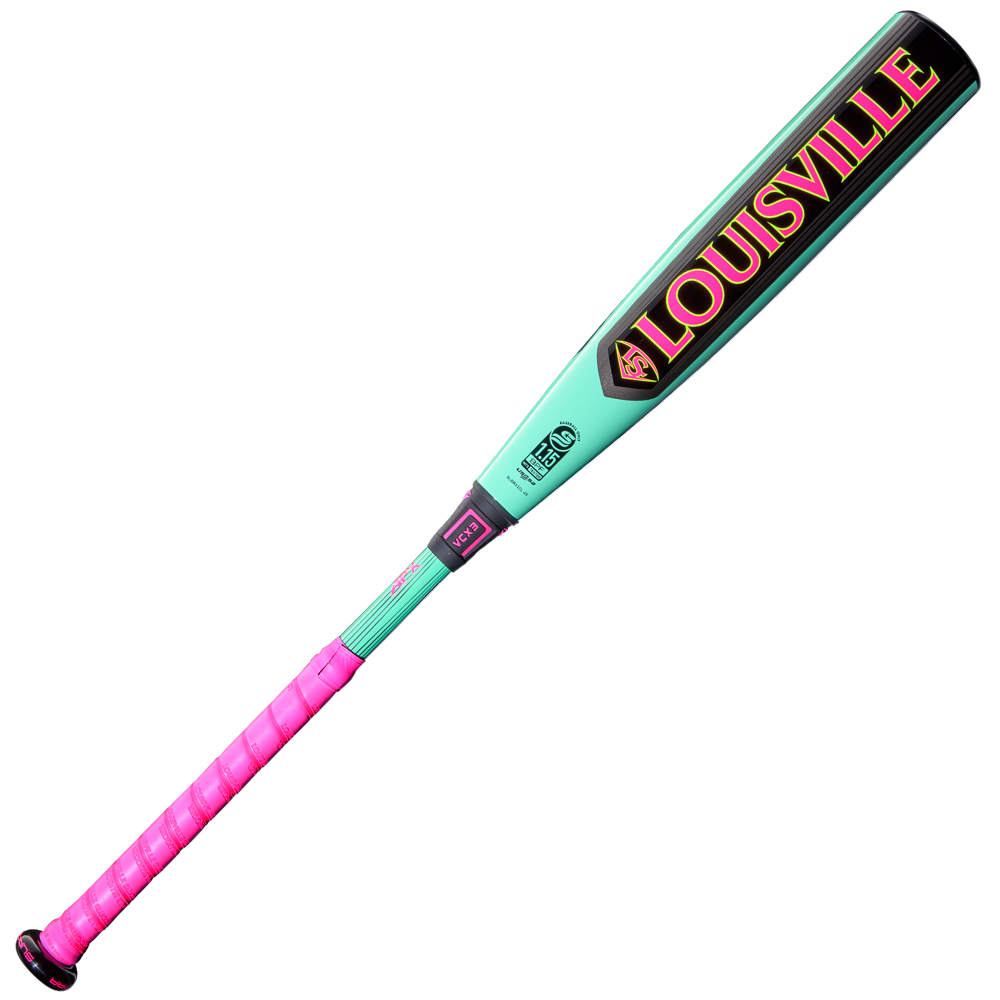 The 2026 Louisville Slugger Supra (-10) 2 3/4" USSSA Baseball Bat (WBL4118010) sports a turquoise and pink design with a pink grip and a large yellow and red Louisville logo on its composite barrel.