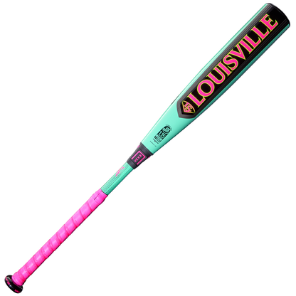 The 2026 Louisville Slugger Supra (-10) 2 3/4" USSSA Baseball Bat (WBL4118010) sports a turquoise and pink design with a pink grip and a large yellow and red Louisville logo on its composite barrel.
