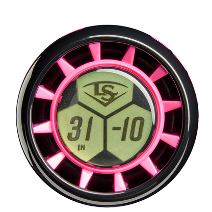 A round digital display with a pink and black rim shows "31 IN" and "-10" plus an LS logo—ideal for tracking specs on your 2026 Louisville Slugger Supra (-10) 2 3/4" USSSA Baseball Bat (WBL4118010).
