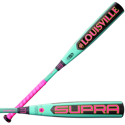 The 2026 Louisville Slugger Supra (-10) 2 3/4" USSSA Baseball Bat (WBL4118010) features a turquoise and pink design, bold LOUISVILLE and SUPRA lettering, composite barrel, pink grip, and modern accents—ideal for travel ball.