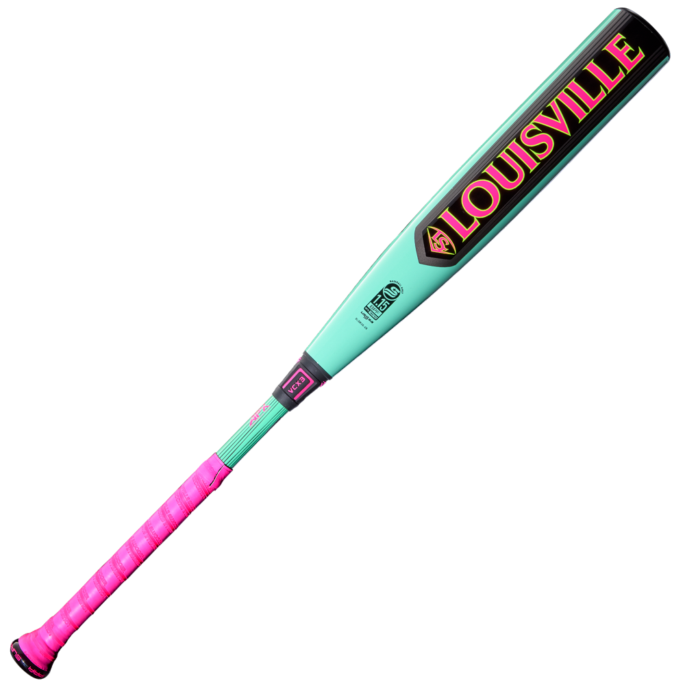 The 2026 Louisville Slugger Supra (-8) 2 3/4" USSSA Baseball Bat (WBL4119010) features a turquoise and pink design, bold yellow LOUISVILLE lettering near the composite barrel, and a bright pink textured grip handle—perfect for travel ball.