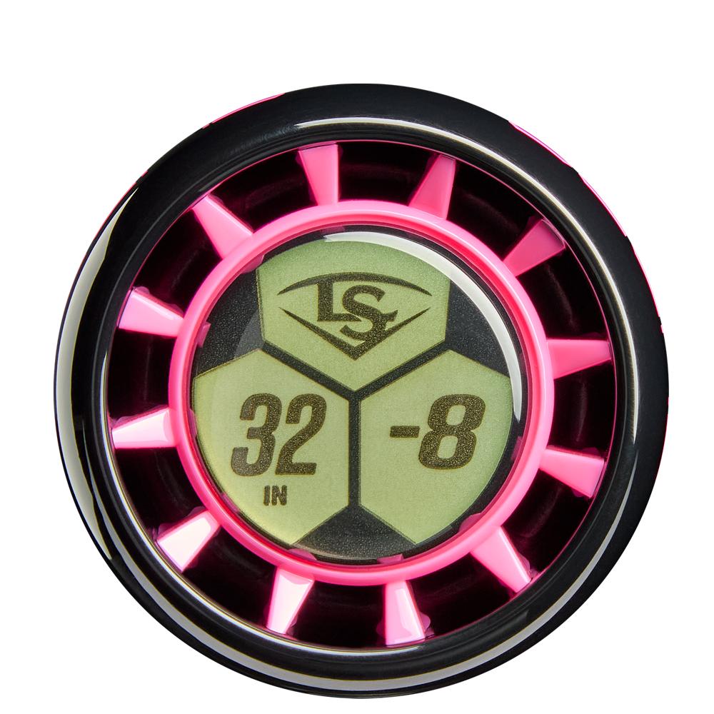 A round metallic badge with a pink rim, featuring "LS" above "32 IN -8" on a green, hexagon-patterned background—ideal for travel ball players seeking that 2026 Louisville Slugger Supra (-8) USSSA Baseball Bat vibe.
