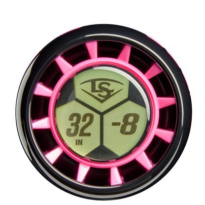 A round metallic badge with a pink rim, featuring "LS" above "32 IN -8" on a green, hexagon-patterned background—ideal for travel ball players seeking that 2026 Louisville Slugger Supra (-8) USSSA Baseball Bat vibe.