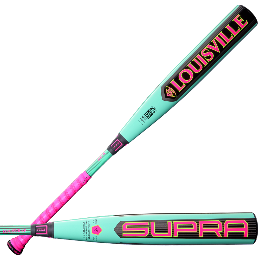 Two views of the 2026 Louisville Slugger Supra (-8) 2 3/4" USSSA Baseball Bat (WBL4119010) show its turquoise and pink design, "Louisville" on the barrel, "Supra" on the side, and a textured pink grip—ideal for travel ball players.