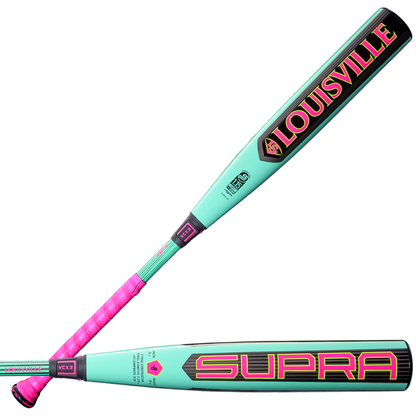 Two views of the 2026 Louisville Slugger Supra (-8) 2 3/4" USSSA Baseball Bat (WBL4119010) show its turquoise and pink design, "Louisville" on the barrel, "Supra" on the side, and a textured pink grip—ideal for travel ball players.