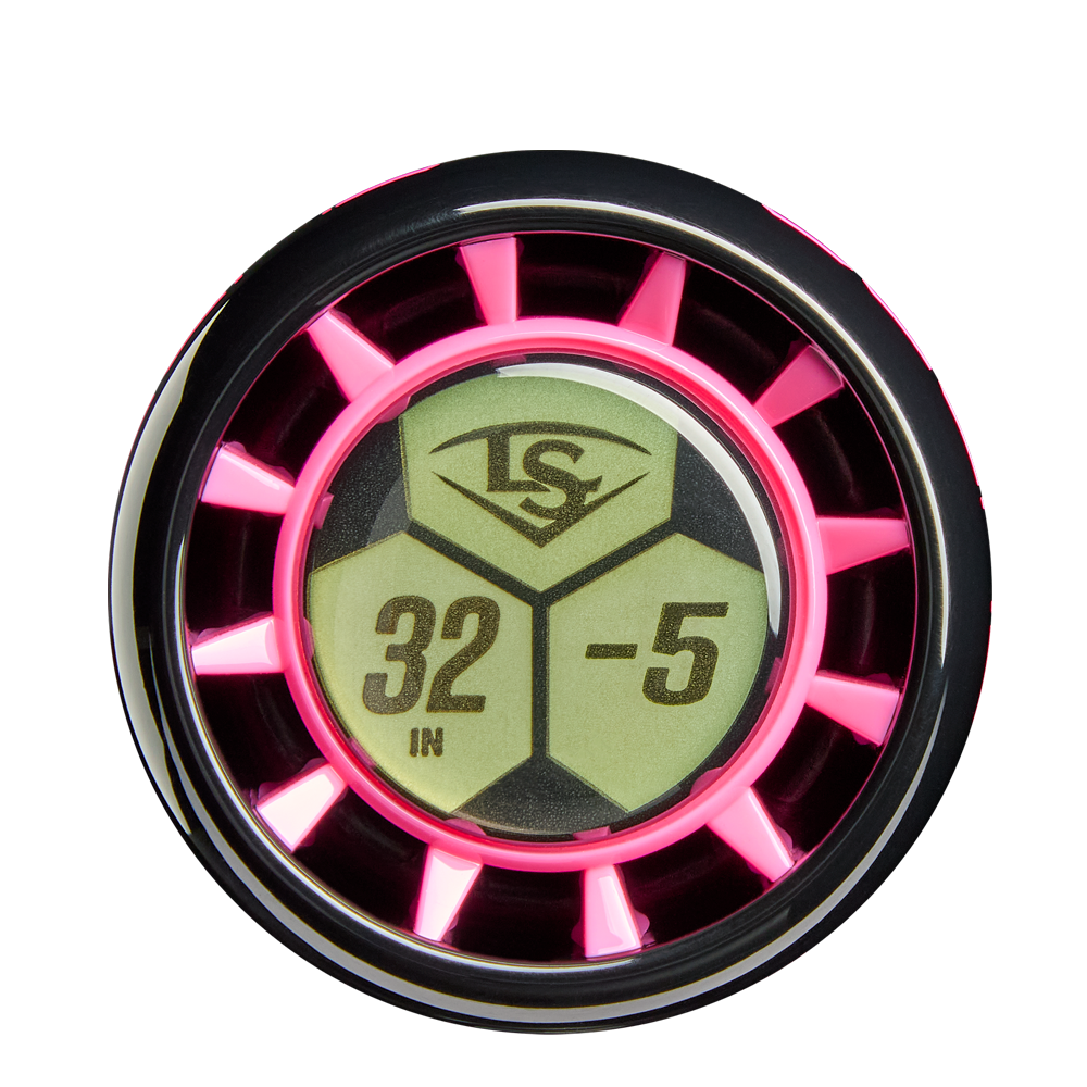 A close-up of the metallic pink-rimmed label on the 2026 Louisville Slugger Supra (-5) 2 3/4" USSSA Baseball Bat, WBL4120010, on a green background—a stylish choice for travel ball players.