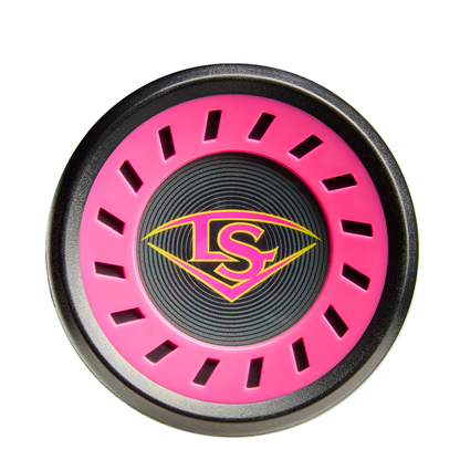 A round black and pink object with a Superman-style "LS" logo in the center and pink vent-like slots, reminiscent of 2026 Louisville Slugger Supra (-5) USSSA bat barrel designs, is photographed on a white background.