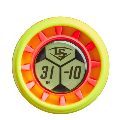 A close-up of a neon yellow and orange sports ball with a hexagonal pattern featuring LS and 31 IN -10, reminiscent of the precision in the 2026 Louisville Slugger Select PWR (-10) USA Baseball Bat's alloy barrel design.