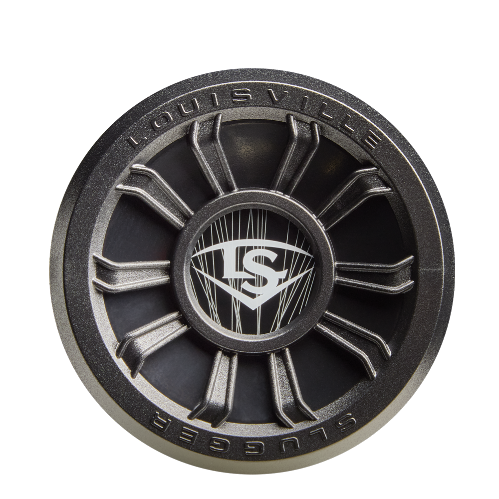 A close-up of the 2026 Louisville Slugger Select PWR (-10) USA Baseball Bat end cap highlights its round, metallic design with a central LS logo and spoke-like elements engineered for added vibration control.