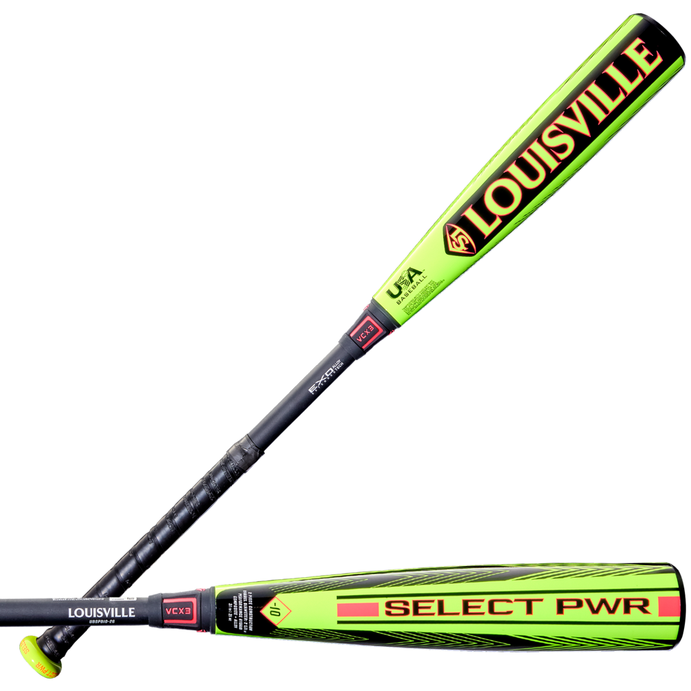 Two bright green and black Louisville Slugger Select PWR (-10) USA Baseball Bats (WBL4126010), featuring alloy barrels, black handles, yellow accents, LOUISVILLE and SELECT PWR logos, plus built-in vibration control.