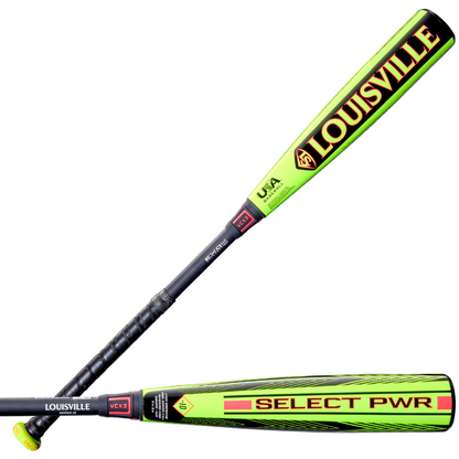 Two bright green and black Louisville Slugger Select PWR (-10) USA Baseball Bats (WBL4126010), featuring alloy barrels, black handles, yellow accents, LOUISVILLE and SELECT PWR logos, plus built-in vibration control.