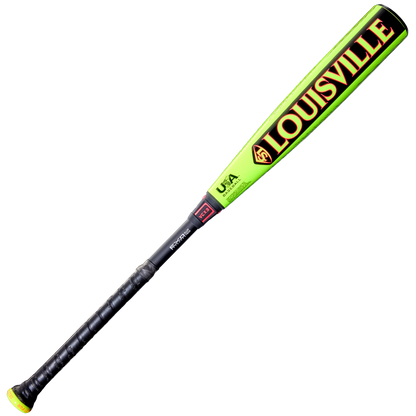 The 2026 Louisville Slugger Select PWR (-8) USA Baseball Bat (WBL4127010) features a neon green alloy barrel, black grip tape, and bold red LOUISVILLE lettering, displayed on a white background.