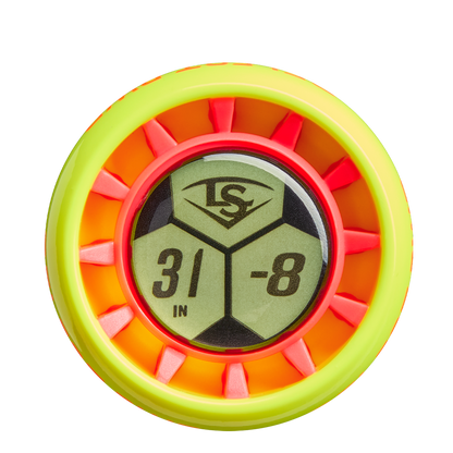 A close-up of a neon yellow and orange knob sticker featuring the Louisville Slugger Select PWR (-8) 2 5/8" USA Baseball Bat logo, numbers 31 and -8, and "IN." on a hexagonal patterned background.