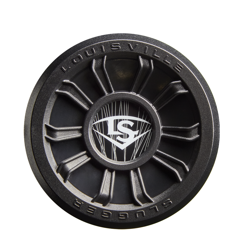 A black circular metal piece with “Louisville Slugger” and “LS” logos, sporting a wheel-like design, echoes the 2026 Louisville Slugger Select PWR (-8) USA Baseball Bat (WBL4127010) by Louisville Slugger on a white background.