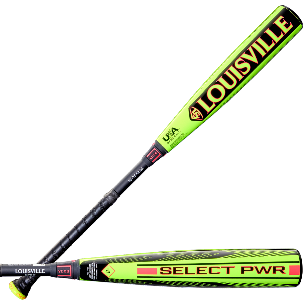 Two yellow and black 2026 Louisville Slugger Select PWR (-8) USA Baseball Bats are shown diagonally—one highlights the "LOUISVILLE" brand, the other displays its alloy barrel and SELECT PWR model name with a USA stamp near the handle.