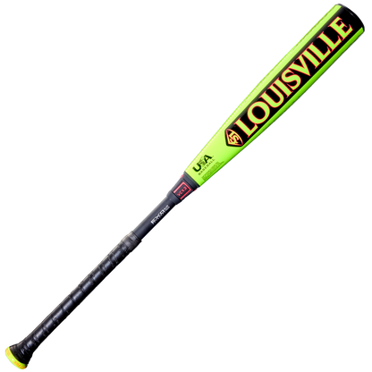 The 2026 Louisville Slugger Select PWR (-5) USA Baseball Bat (WBL4128010) features a neon yellow alloy barrel, black handle, and bold red LOUISVILLE brand name along the barrel.