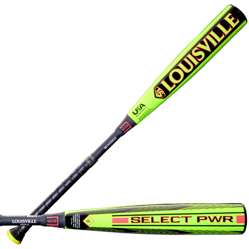 Two views of the 2026 Louisville Slugger Select PWR (-5) USA Baseball Bat with a black handle, neon yellow alloy barrel, and bold LOUISVILLE and SELECT PWR graphics—an excellent pick among USA Baseball bats.