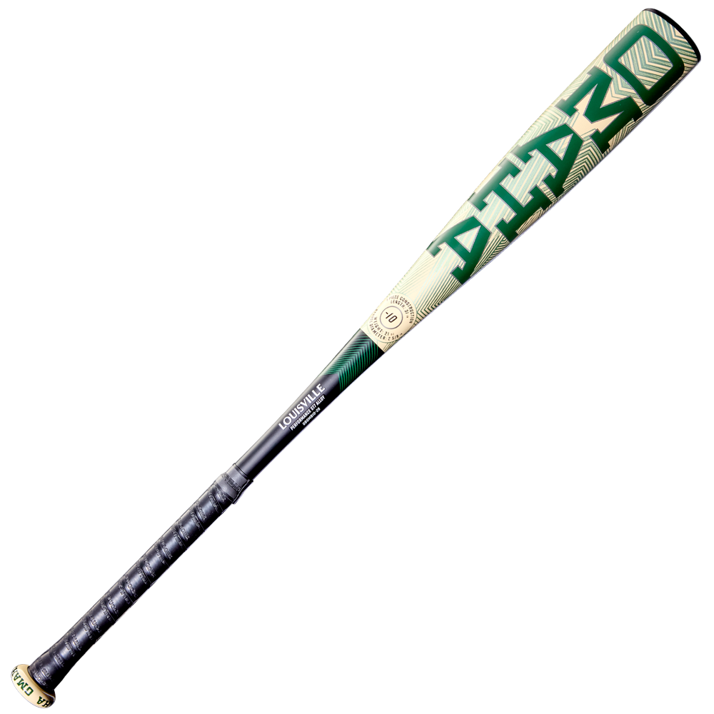 A green, black, and gold 2026 Louisville Slugger Omaha (-10) 2 5/8" USA Baseball Bat (WBL4130010) with a textured grip on the handle.