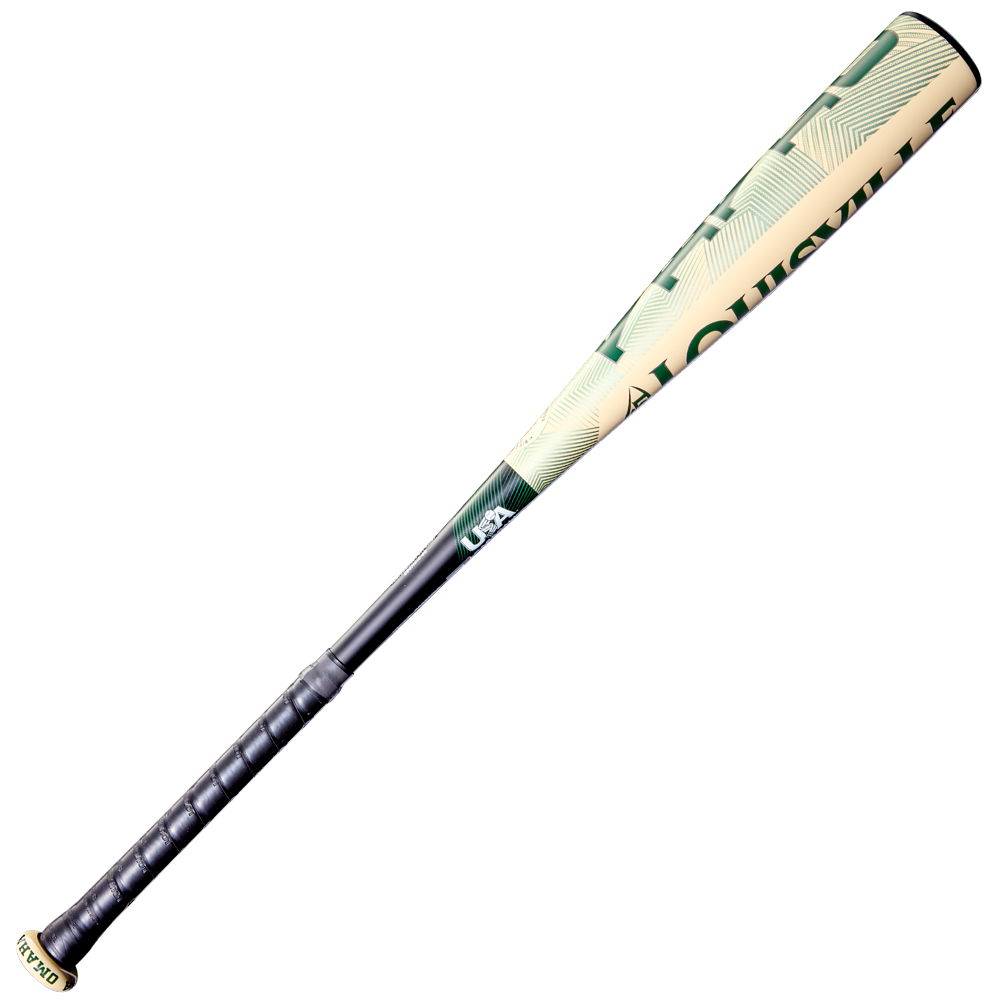 The 2026 Louisville Slugger Omaha (-10) USA Baseball Bat (WBL4130010) features a black and beige design with green accents, durable ST7 Alloy barrel, AQUAUSILI graphics, and a comfortable black grip handle.