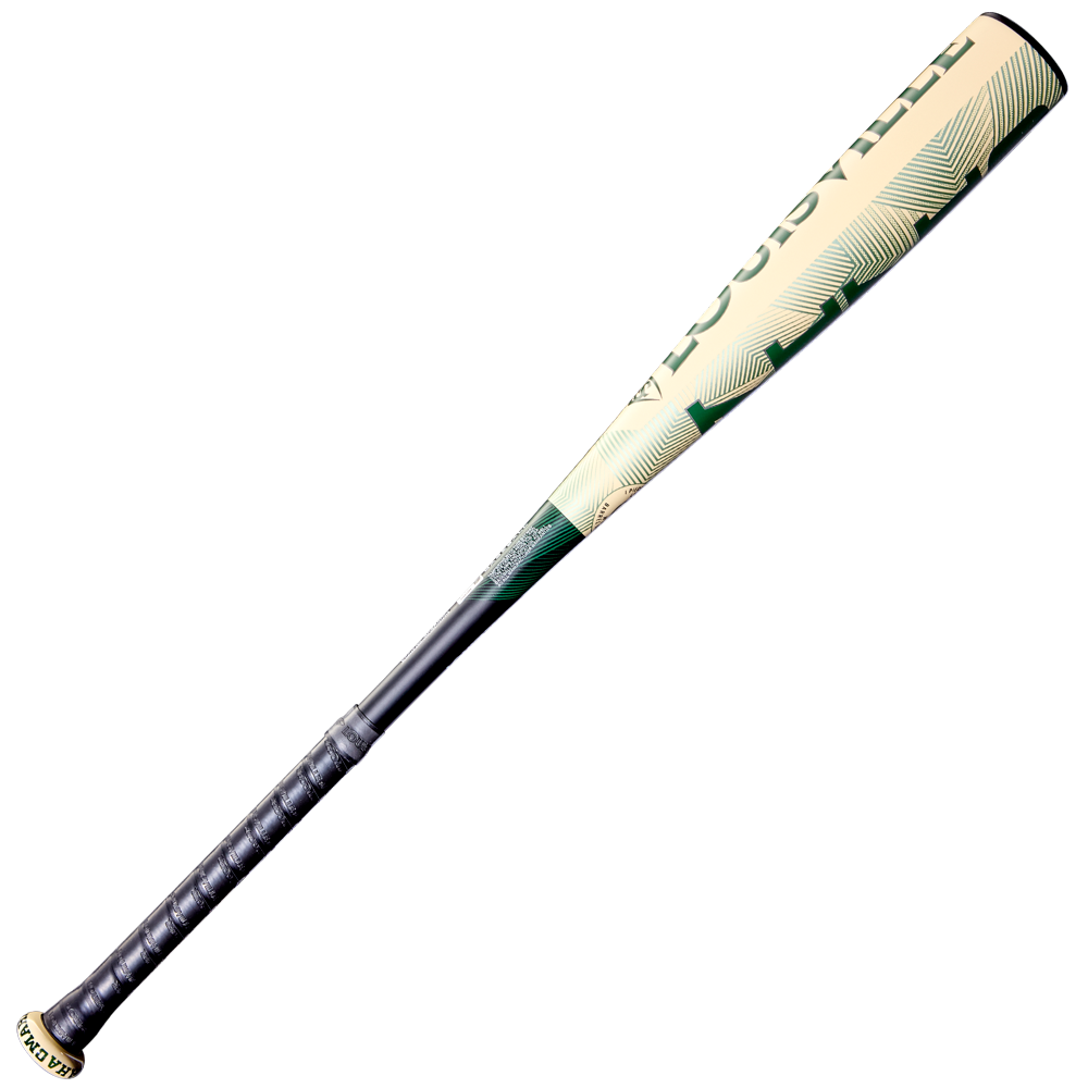 The 2026 Louisville Slugger Omaha (-10) USA Baseball Bat features a black grip, beige barrel with green palm leaf patterns, partial text, and tough ST7 Alloy—ideal for young players seeking style and performance.