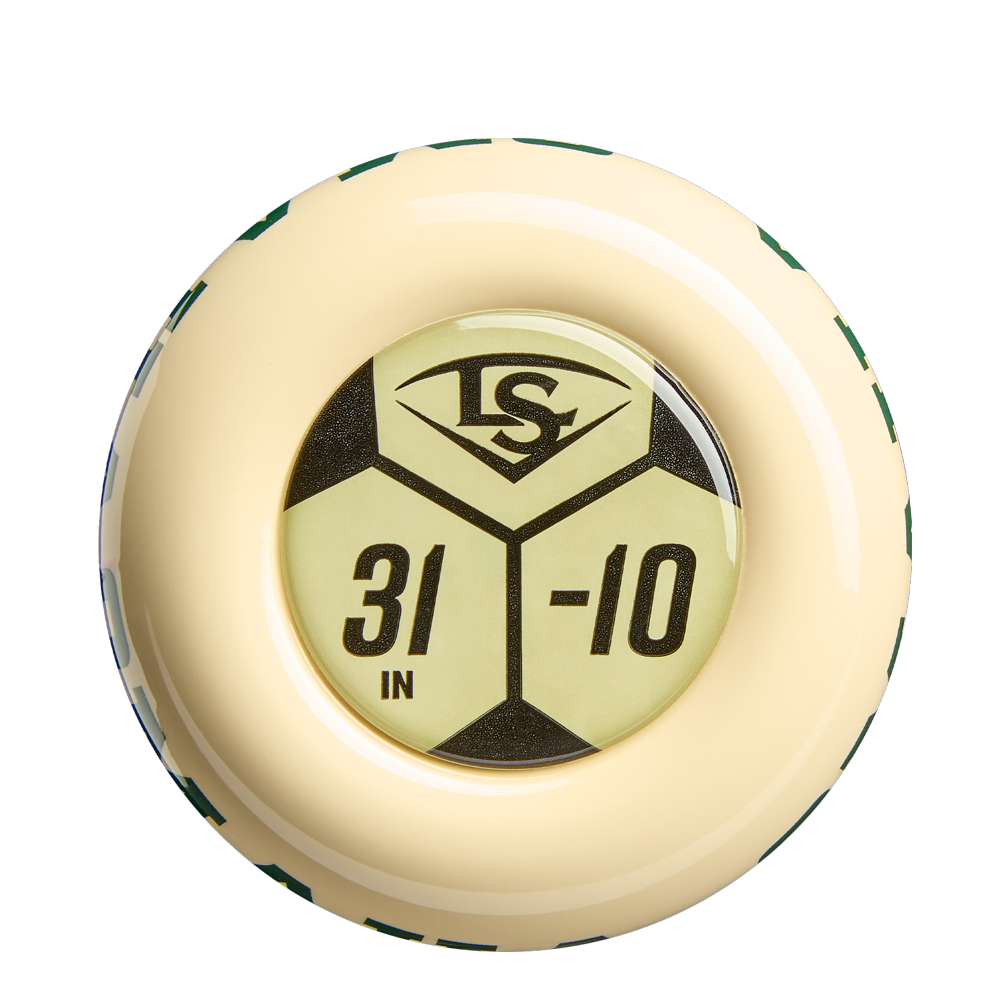 A close-up of the beige knob on the 2026 Louisville Slugger Omaha (-10) USA Baseball Bat displays a gold circular label with the LS logo, 31 IN, and -10, emphasizing its durable ST7 Alloy construction.