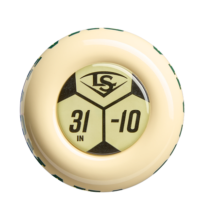 A close-up of the beige knob on the 2026 Louisville Slugger Omaha (-10) USA Baseball Bat displays a gold circular label with the LS logo, 31 IN, and -10, emphasizing its durable ST7 Alloy construction.