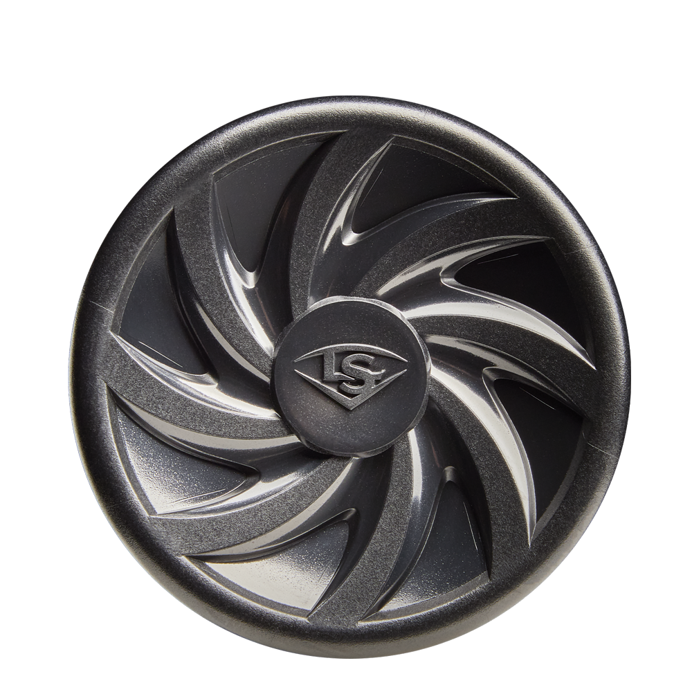 A circular metallic car wheel center cap with a swirling turbine design and raised S logo in the center, inspired by the dynamic energy of the 2026 Louisville Slugger Omaha (-10) USA Baseball Bat; background is plain white.