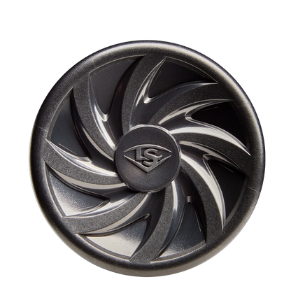 A circular metallic car wheel center cap with a swirling turbine design and raised S logo in the center, inspired by the dynamic energy of the 2026 Louisville Slugger Omaha (-10) USA Baseball Bat; background is plain white.