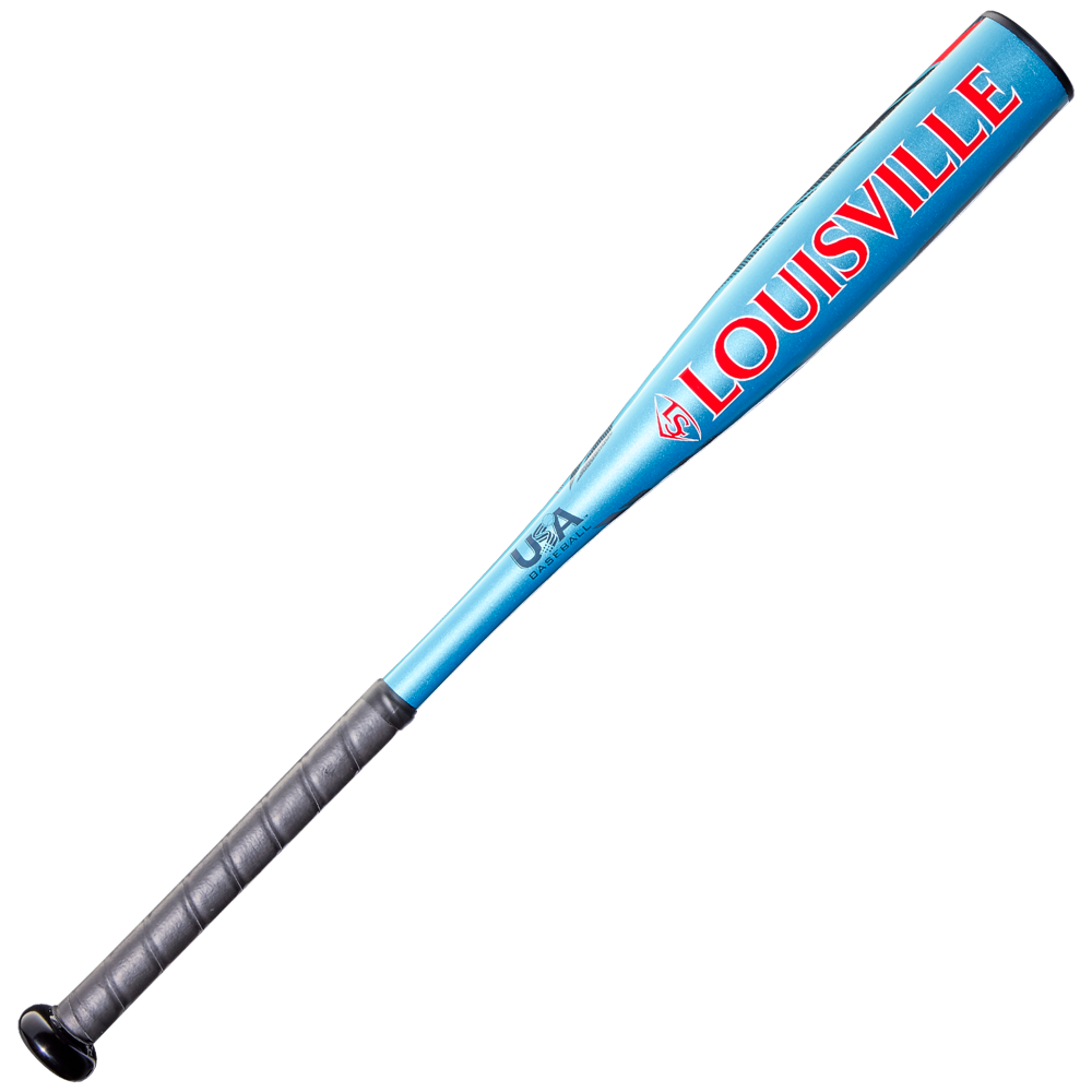 The 2026 Louisville Slugger Atlas (-12.5) 2 1/4" USA T-Ball Baseball Bat (WBL4133010) features a blue barrel, black handle grip, and LOUISVILLE in bold red letters—a perfect one-piece alloy bat for young players.