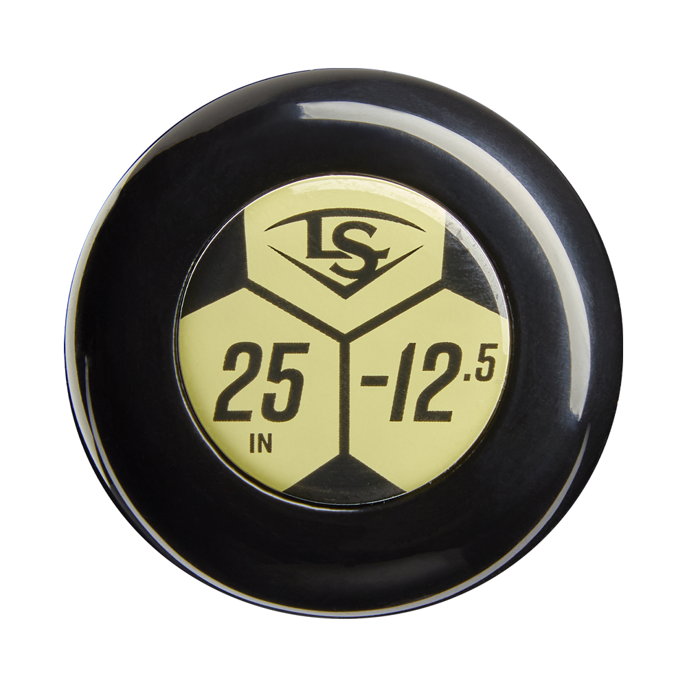 A black and yellow circular end cap featuring "LS," "25 IN," and "-12.5" from the 2026 Louisville Slugger Atlas (-12.5) 2 1/4" USA T-Ball Baseball Bat: WBL4133010, designed for youth one-piece alloy bats.
