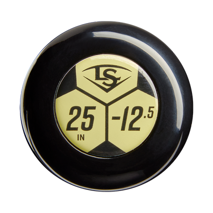 A black and yellow circular end cap featuring "LS," "25 IN," and "-12.5" from the 2026 Louisville Slugger Atlas (-12.5) 2 1/4" USA T-Ball Baseball Bat: WBL4133010, designed for youth one-piece alloy bats.