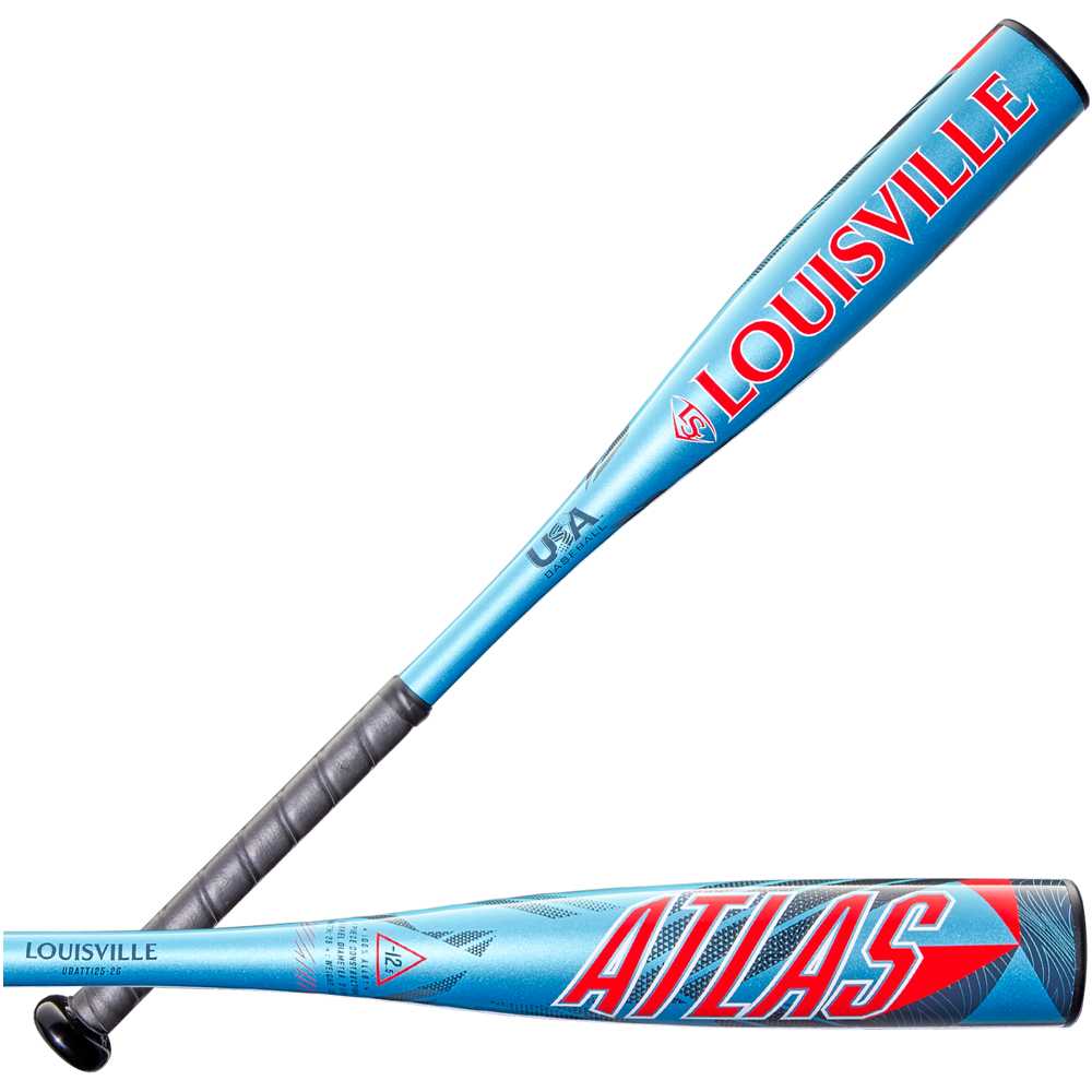 Two views of the blue 2026 Louisville Slugger Atlas (-12.5) 2 1/4" USA T-Ball Bat (WBL4133010); one shows the LOUISVILLE logo, the other ATLAS name in red and white—ideal one-piece alloy bat for young players.